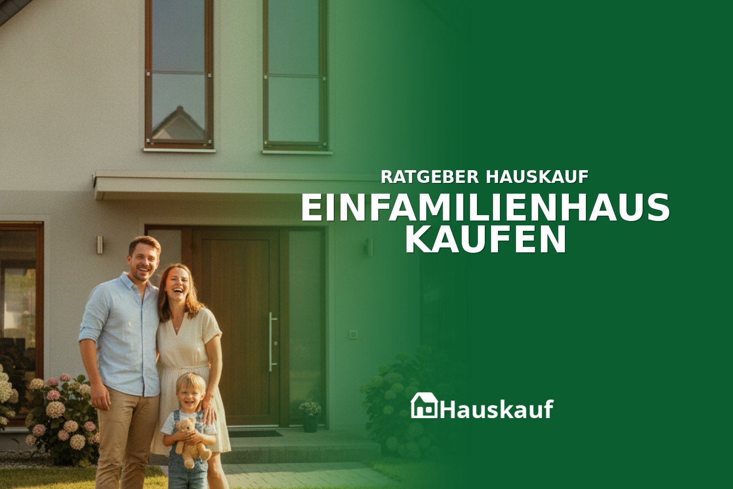 Eine junge Familie vor ihrem neuen Einfamilienhaus nach dem erfolgreichen Kauf
