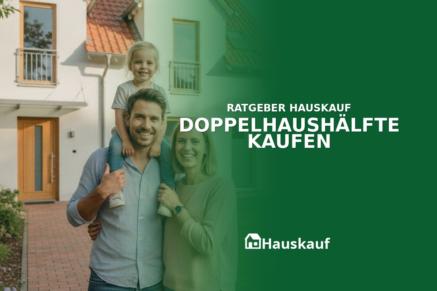 Junge Familie vor ihrer neuen Doppelhaushälfte, die sie über hauskauf.app gefunden hat.