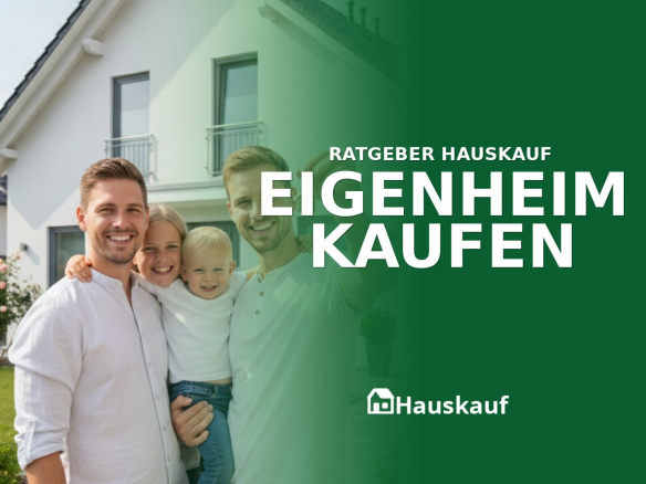 Glückliche Familie vor ihrem neuen Eigenheim, ein Einfamilienhaus, nach erfolgreichem Kauf