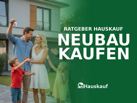 Glückliche Familie vor modernem Neubauhaus, symbolisiert den erfolgreichen Neubau kaufen