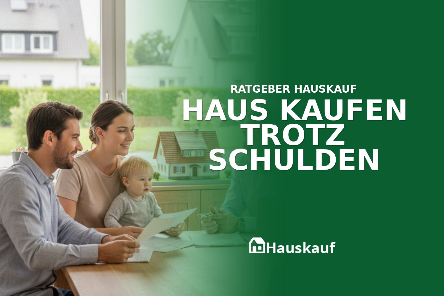 Familie bespricht mit Finanzberater den Hauskauf trotz Schulden