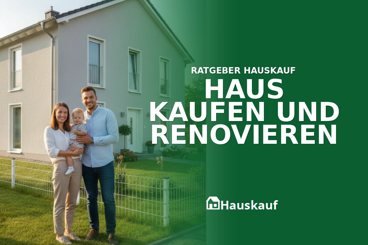 Junge Familie vor einem renovierten Haus, das sie selbst gekauft und modernisiert haben, um den Traum vom Eigenheim zu leben.