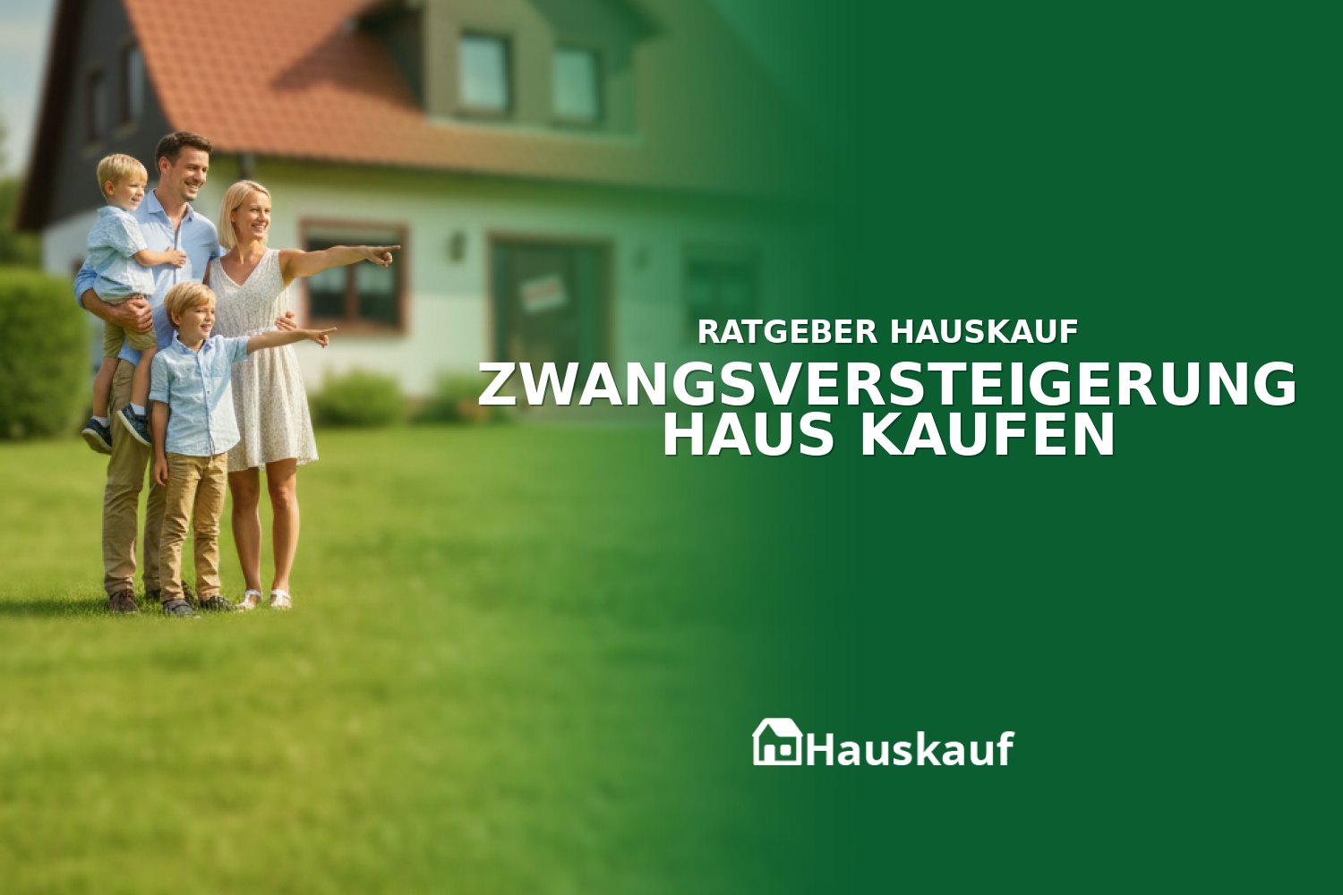 Glückliche Familie vor ihrem Haus, erfolgreich in einer Zwangsversteigerung gekauft.