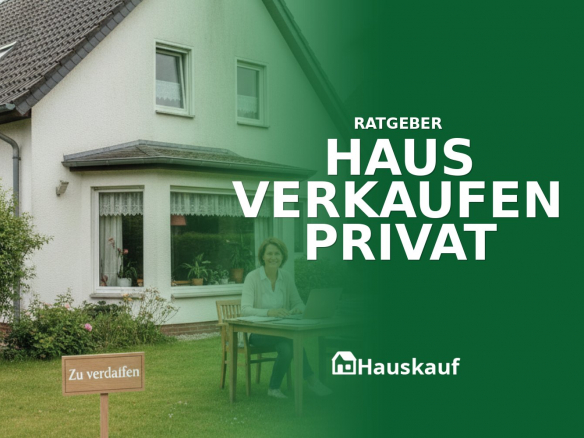 Eine Person, die am Laptop Dokumente sichtet, während im Garten ein 'Haus verkaufen privat'-Schild steht.