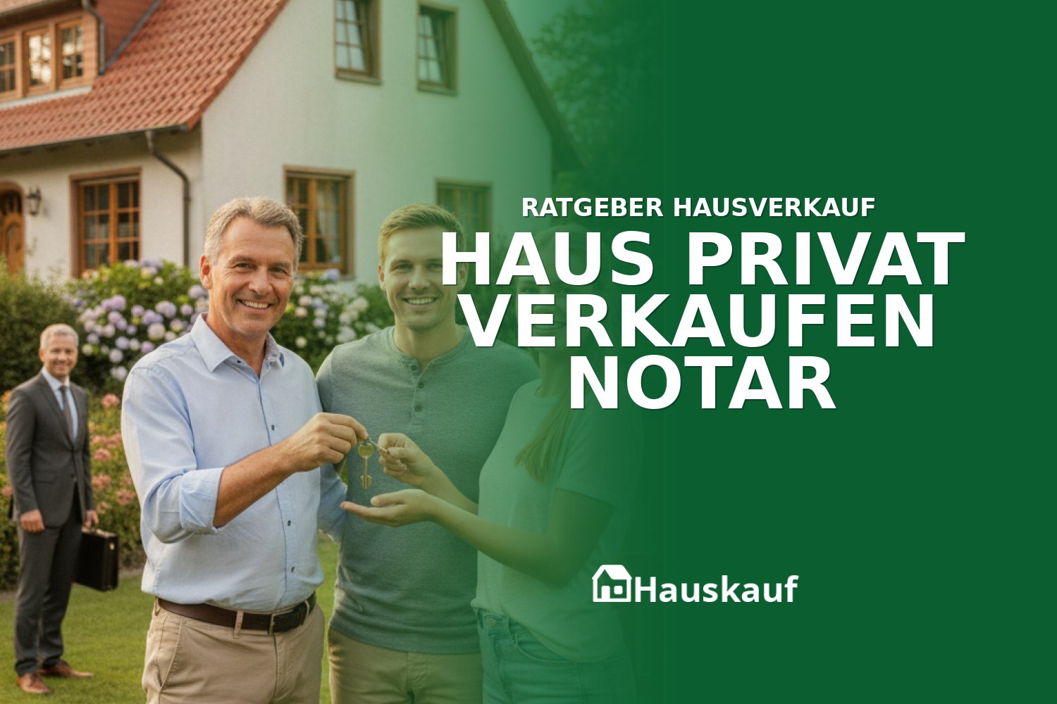 Erfolgreicher privater Hausverkauf: Ein Paar übergibt lächelnd Hausschlüssel, nachdem der Notarvertrag unterzeichnet wurde.