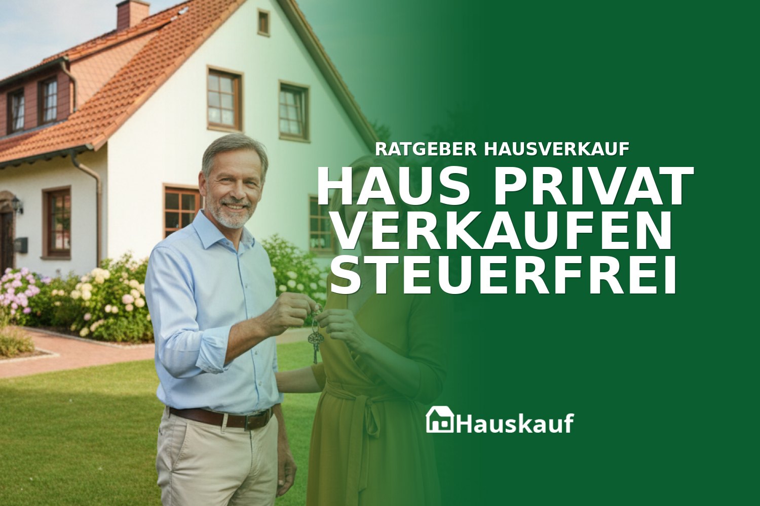 Zufriedenes Paar übergibt Hausschlüssel nach dem steuerfreien Haus privat verkaufen.