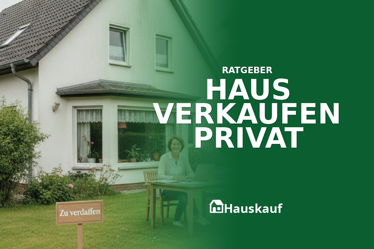 Eine Person, die am Laptop Dokumente sichtet, während im Garten ein 'Haus verkaufen privat'-Schild steht.