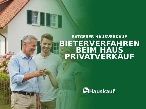 Erfolgreicher privater Hausverkauf nach einem Bieterverfahren: Ein Paar übergibt lächelnd Hausschlüssel vor ihrem Einfamilienhaus.