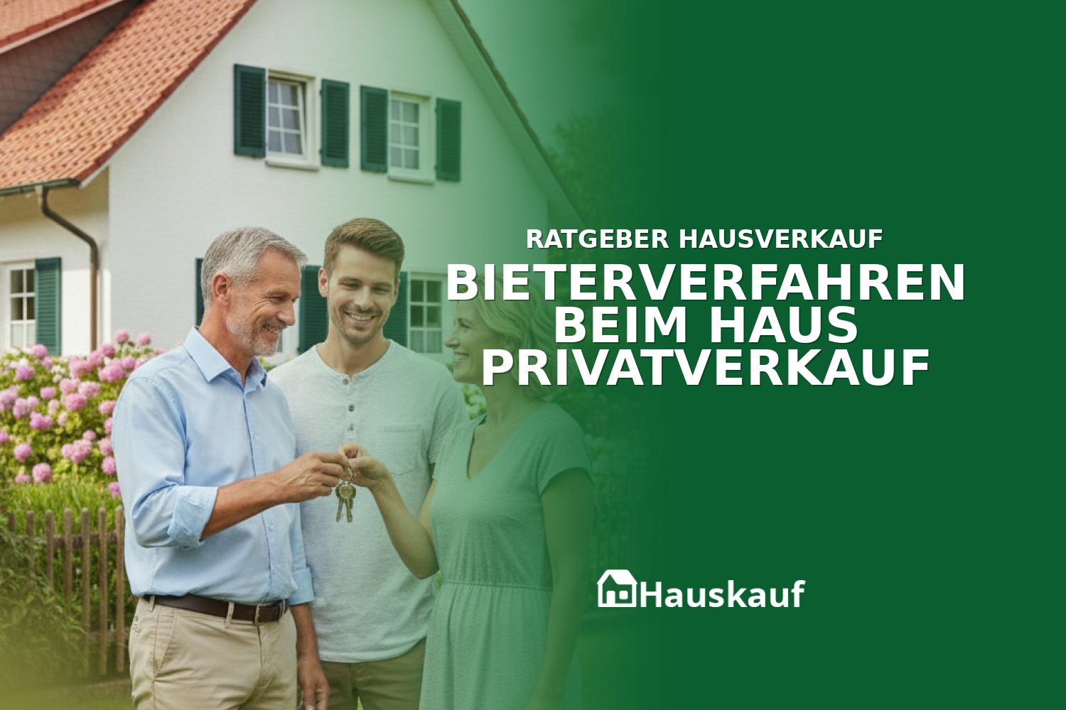Erfolgreicher privater Hausverkauf nach einem Bieterverfahren: Ein Paar übergibt lächelnd Hausschlüssel vor ihrem Einfamilienhaus.